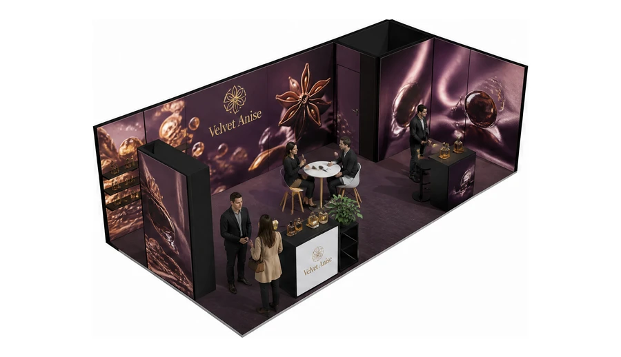 Stoisko 8 × 4 m narożne prawe dla branży perfumy, przykładowa marka Velvet Anise