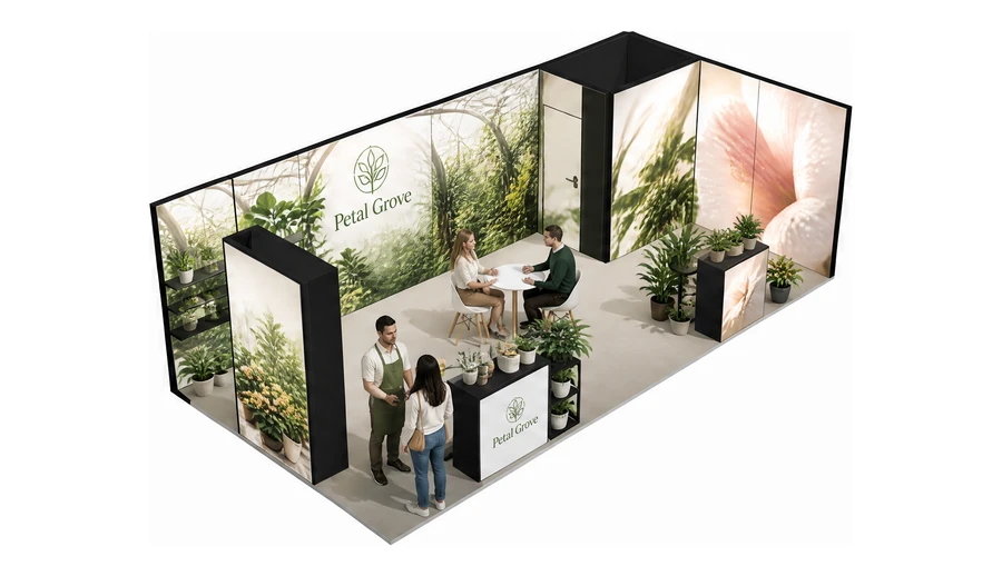 Stoisko 8 × 4 m narożne prawe dla branży rośliny i kwiaciarstwo, przykładowa marka Petal Grove