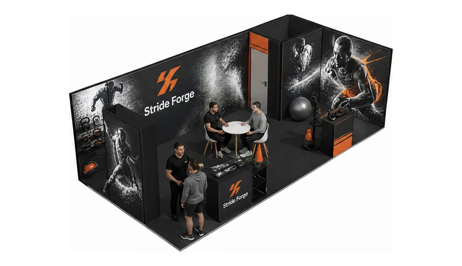Stoisko 8 × 4 m narożne prawe dla branży sprzęt sportowy, przykładowa marka Stride Forge