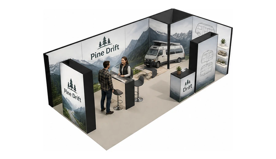Stoisko 8 × 4 m narożne prawe dla branży caravaning i kampery, przykładowa marka Pine Drift
