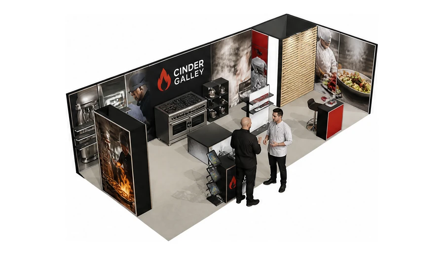 Stoisko 8 × 4 m narożne prawe dla branży wyposażenie gastronomii, przykładowa marka Cinder Galley