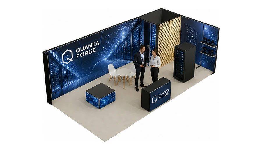 Stoisko 8 × 4 m narożne prawe dla branży infrastruktura IT i data center, przykładowa marka Quanta Forge