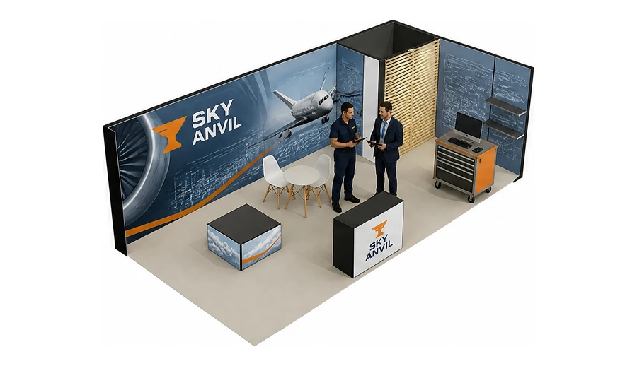 Stoisko 8 × 4 m narożne prawe dla branży lotnictwo, przykładowa marka Sky Anvil