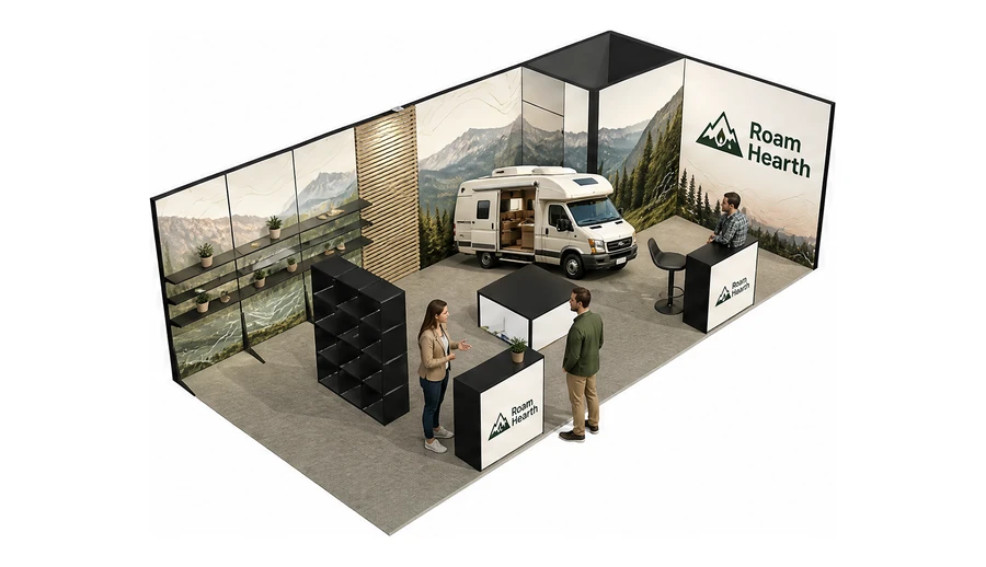 Stoisko 8 × 4 m narożne prawe dla branży caravaning i kampery, przykładowa marka Roam Hearth
