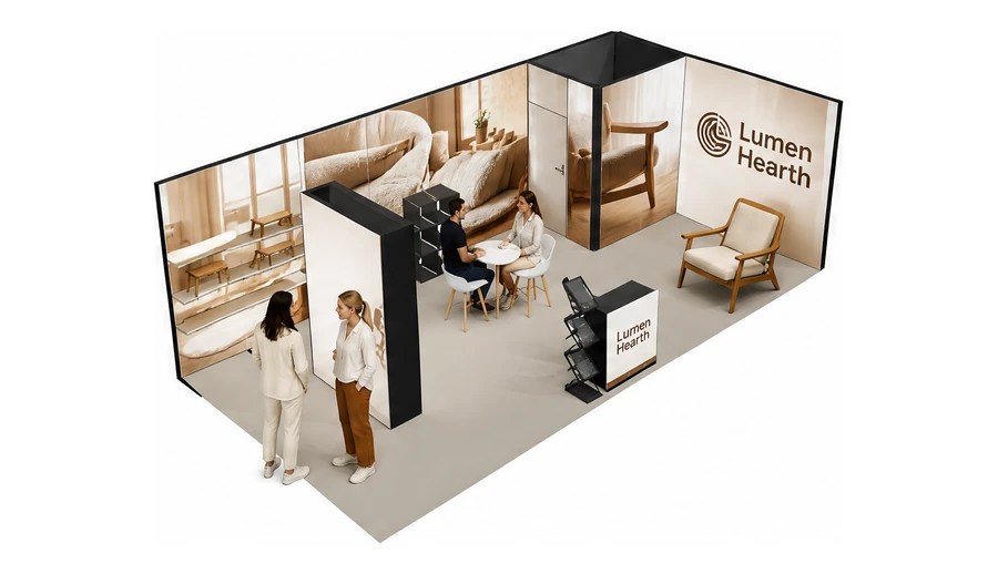 Stoisko 8 × 4 m narożne prawe dla branży meble designerskie, przykładowa marka Lumen Hearth