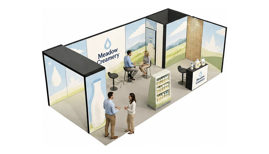 Stoisko 8 × 4 m narożne prawe dla branży nabiał i mleczarstwo, przykładowa marka Meadow Creamery
