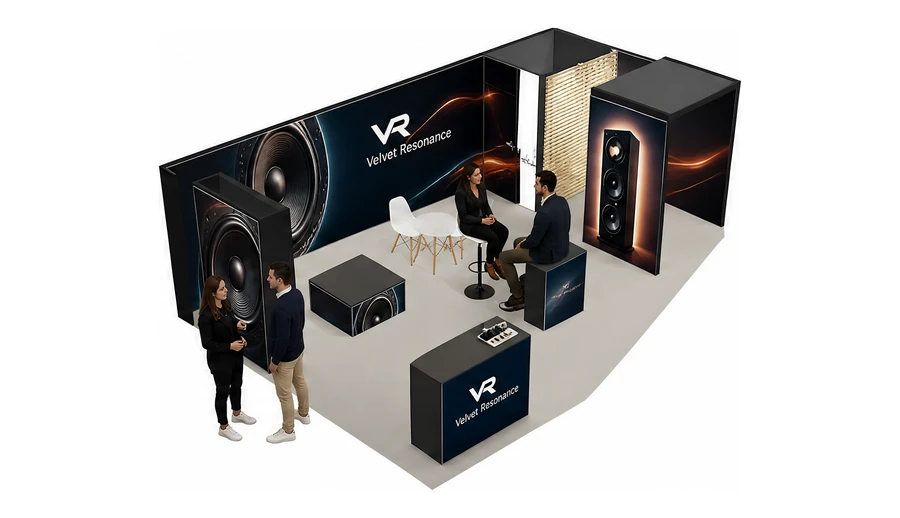 Stoisko 8 × 4 m narożne prawe dla branży sprzęt audio-video, przykładowa marka Velvet Resonance