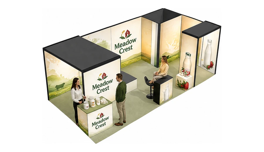 Stoisko 8 × 4 m narożne prawe dla branży nabiał i mleczarstwo, przykładowa marka Meadow Crest