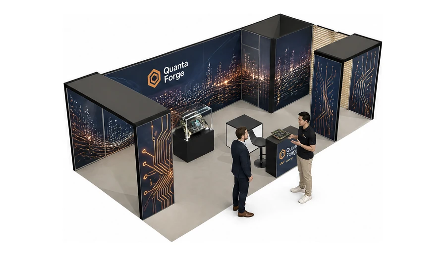 Stoisko 8 × 4 m narożne prawe dla branży komponenty elektroniczne, przykładowa marka Quanta Forge