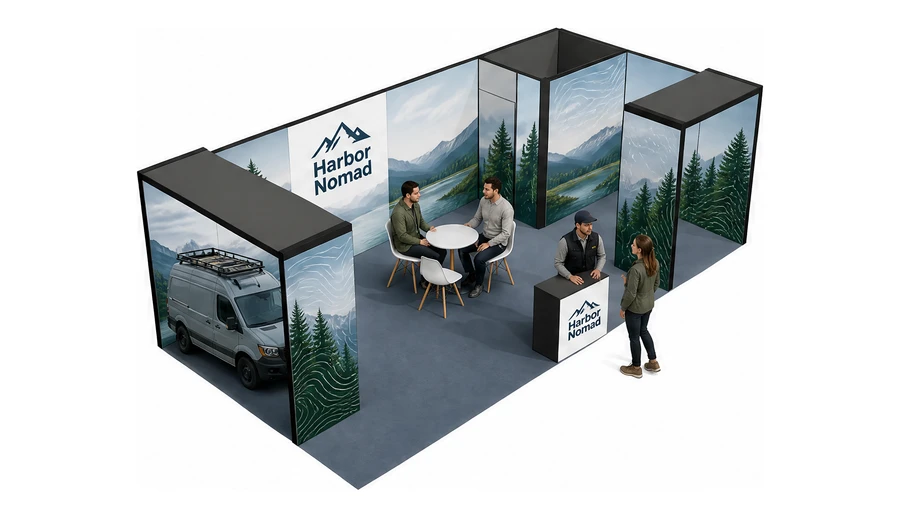 Stoisko 8 × 4 m narożne prawe dla branży caravaning i kampery, przykładowa marka Harbor Nomad