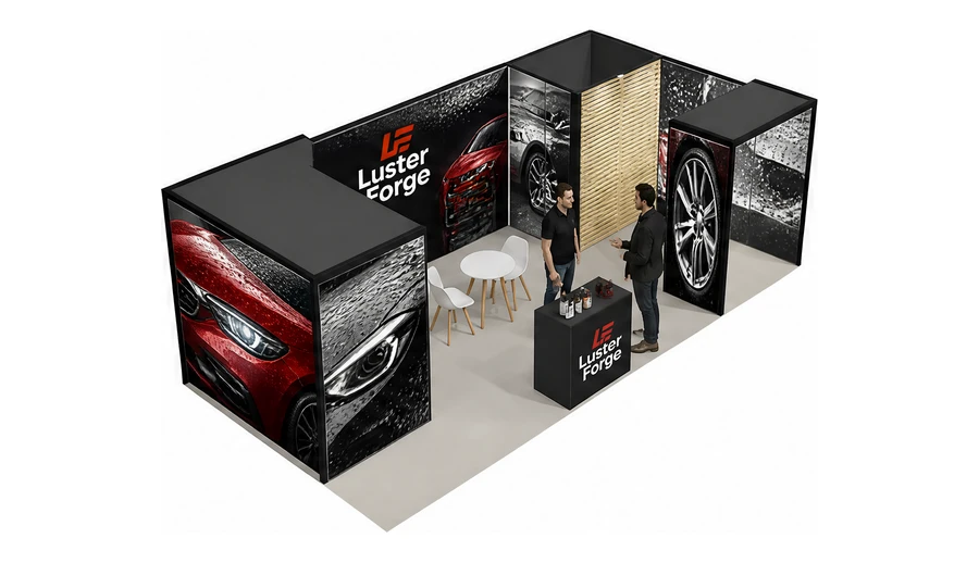 Stoisko 8 × 4 m narożne prawe dla branży tuning i detailing, przykładowa marka Luster Forge