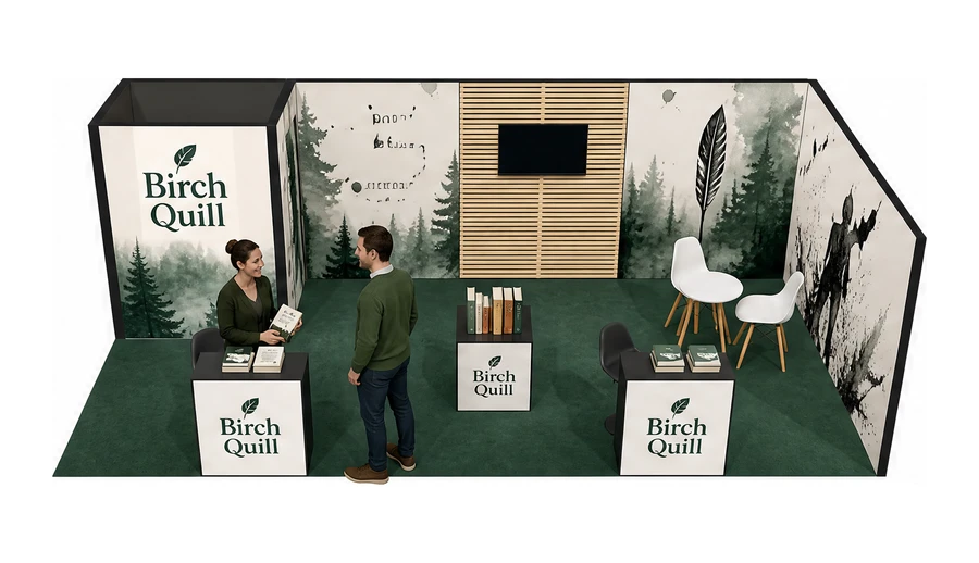 Stoisko 8 × 4 m narożne prawe dla branży wydawnictwa, przykładowa marka Birch Quill