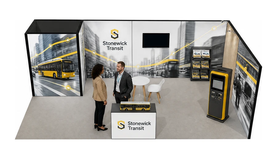 Stoisko 8 × 4 m narożne prawe dla branży autobusy i transport zbiorowy, przykładowa marka Stonewick Transit