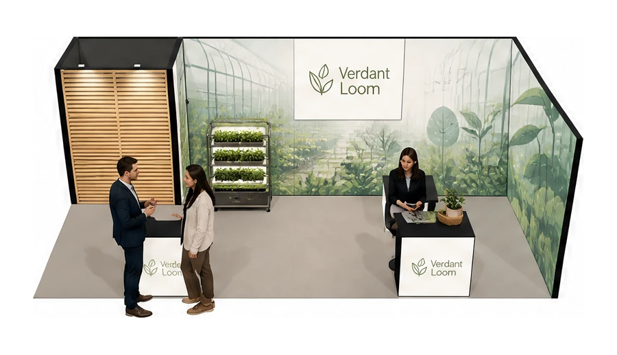Stoisko 8 × 4 m narożne prawe dla branży sadownictwo i warzywnictwo, przykładowa marka Verdant Loom