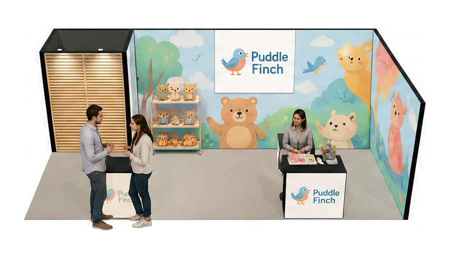 Stoisko 8 × 4 m narożne prawe dla branży zabawki i artykuły dziecięce, przykładowa marka Puddle Finch