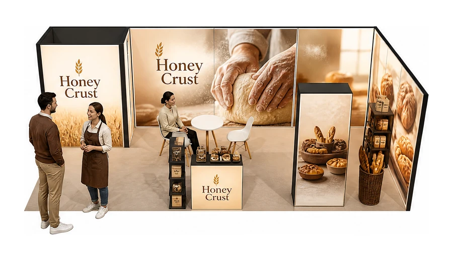 Stoisko 8 × 4 m narożne prawe dla branży piekarnictwo i cukiernictwo, przykładowa marka Honey Crust