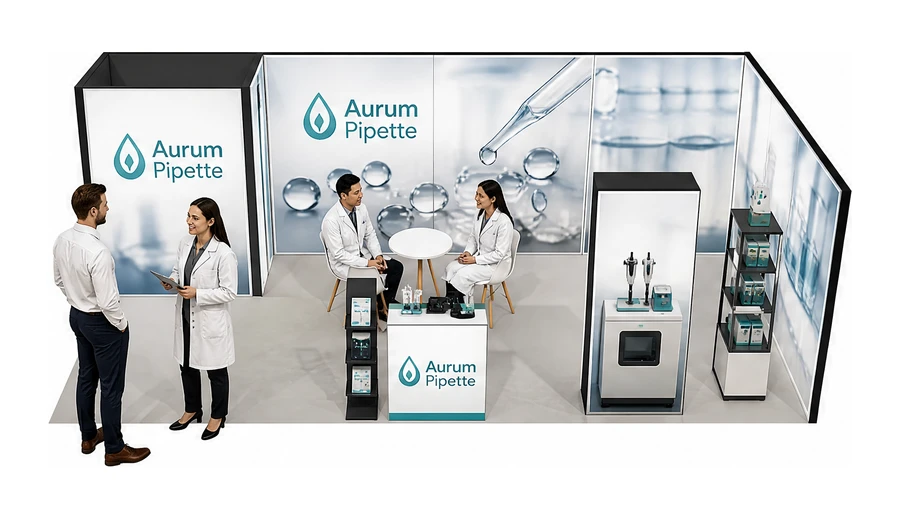 Stoisko 8 × 4 m narożne prawe dla branży sprzęt laboratoryjny, przykładowa marka Aurum Pipette