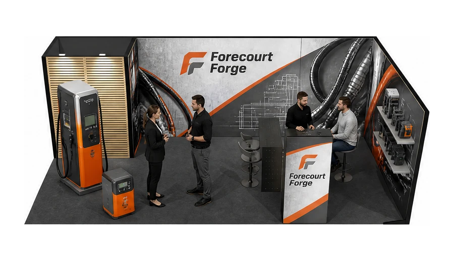 Stoisko 8 × 4 m narożne prawe dla branży stacje paliw, przykładowa marka Forecourt Forge