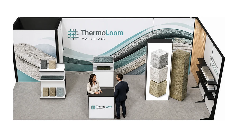 Stoisko 8 × 4 m narożne prawe dla branży izolacje techniczne, przykładowa marka ThermoLoom Materials