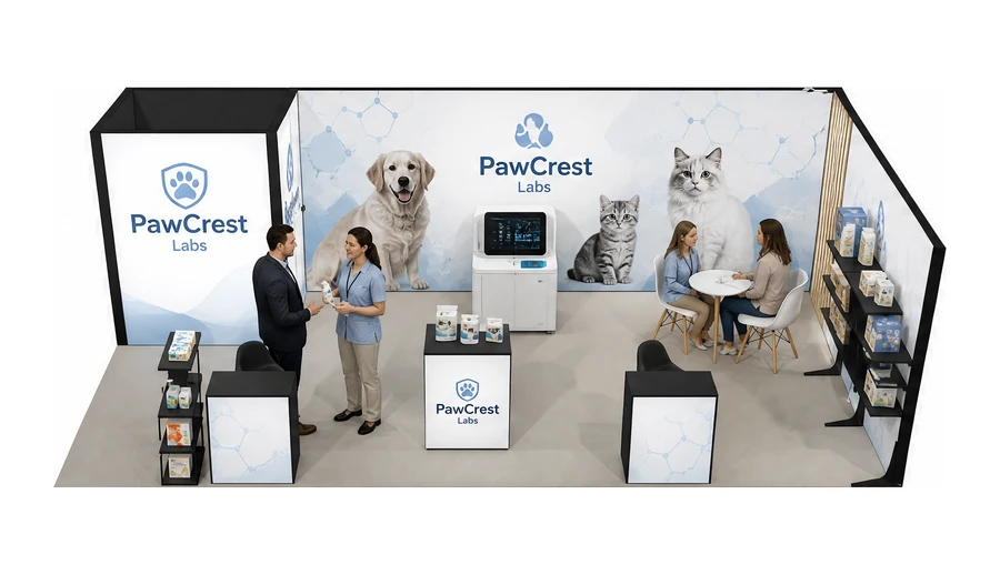 Stoisko 8 × 4 m narożne prawe dla branży weterynaria, przykładowa marka PawCrest Labs