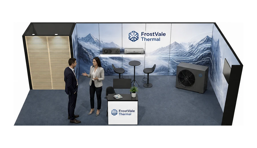 Stoisko 8 × 4 m narożne prawe dla branży pompy ciepła i ogrzewanie, przykładowa marka FrostVale Thermal