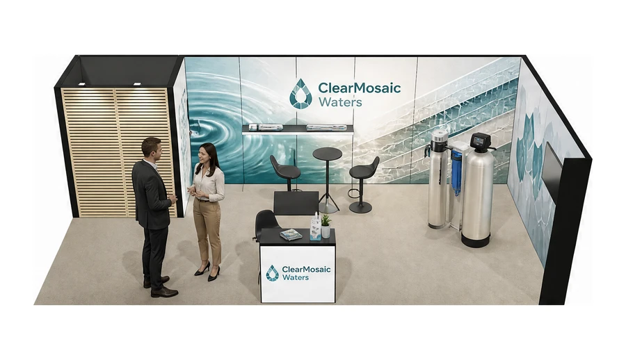 Stoisko 8 × 4 m narożne prawe dla branży technologie wodne, przykładowa marka ClearMosaic Waters