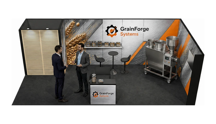 Stoisko 8 × 4 m narożne prawe dla branży technologie spożywcze, przykładowa marka GrainForge Systems