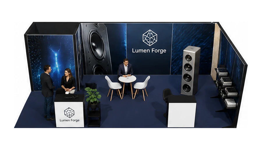 Stoisko 8 × 4 m narożne prawe dla branży sprzęt audio-video, przykładowa marka Lumen Forge