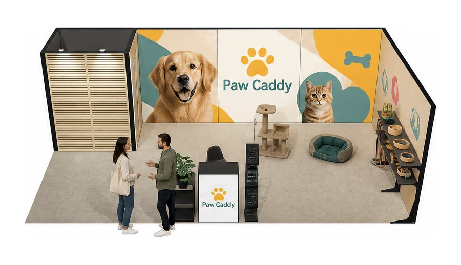 Stoisko 8 × 4 m narożne prawe dla branży akcesoria dla zwierząt, przykładowa marka Paw Caddy