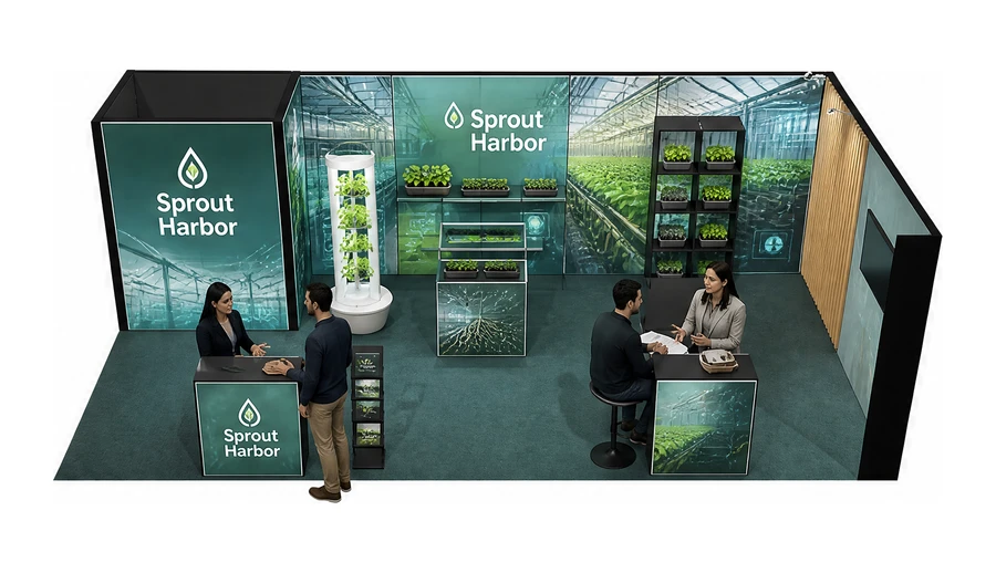 Stoisko 8 × 4 m narożne prawe dla branży sadownictwo i warzywnictwo, przykładowa marka Sprout Harbor