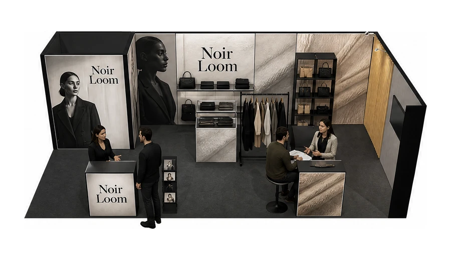 Stoisko 8 × 4 m narożne prawe dla branży odzież i moda, przykładowa marka Noir Loom