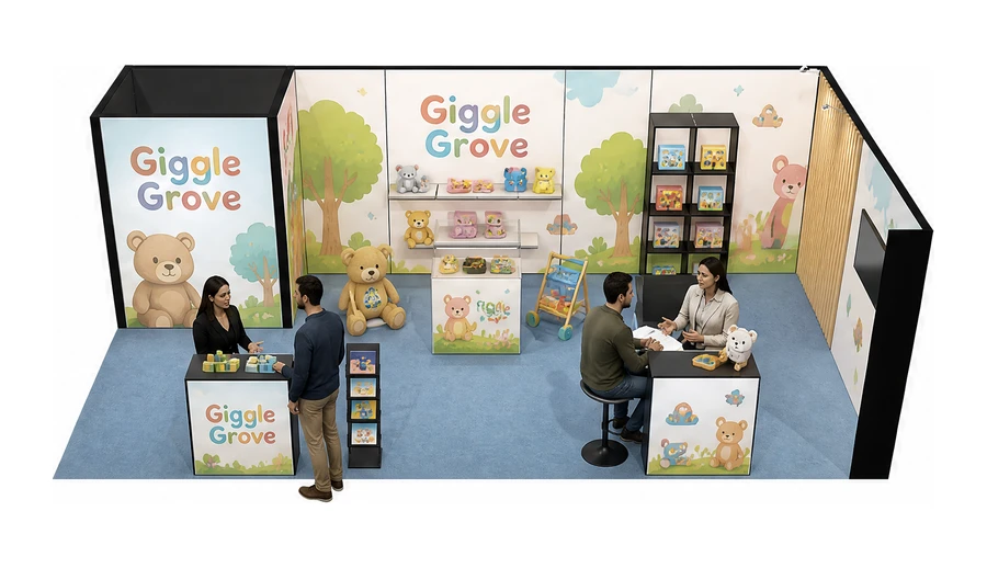 Stoisko 8 × 4 m narożne prawe dla branży zabawki i artykuły dziecięce, przykładowa marka Giggle Grove