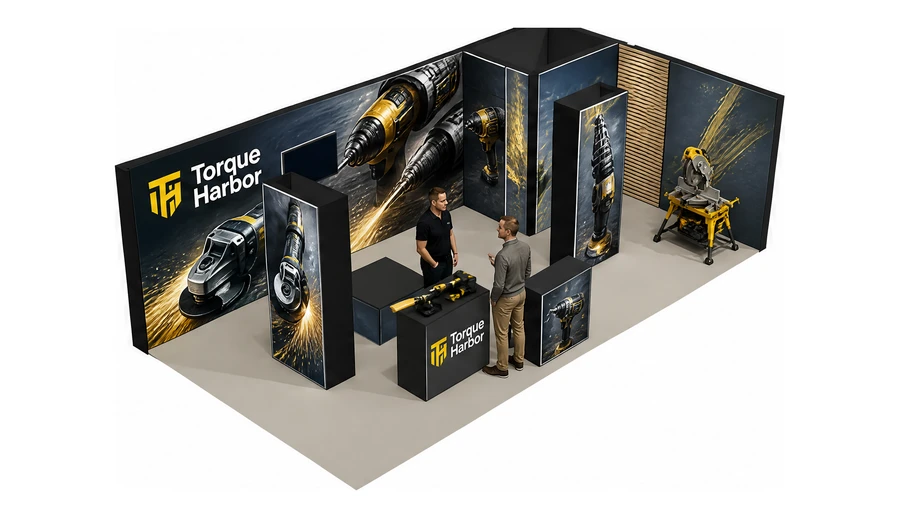 Stoisko 8 × 4 m narożne prawe dla branży elektronarzędzia, przykładowa marka Torque Harbor