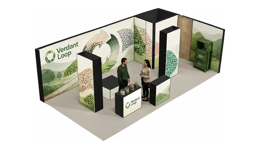 Stoisko 8 × 4 m narożne prawe dla branży recykling i ochrona środowiska, przykładowa marka Verdant Loop