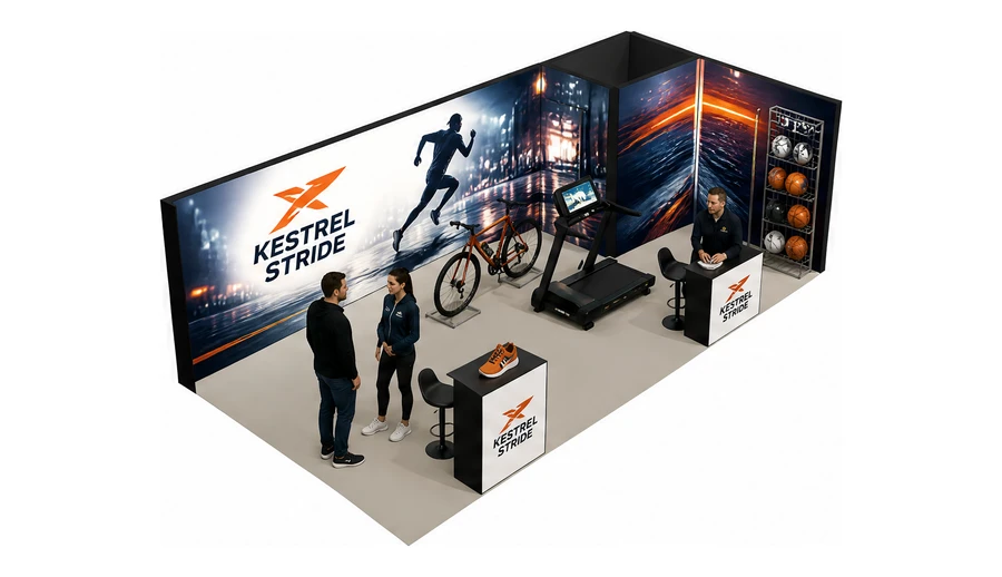 Stoisko 8 × 4 m narożne prawe dla branży sprzęt sportowy, przykładowa marka Kestrel Stride