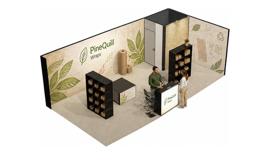 Stoisko 8 × 4 m narożne prawe dla branży opakowania ekologiczne, przykładowa marka PineQuill Wraps