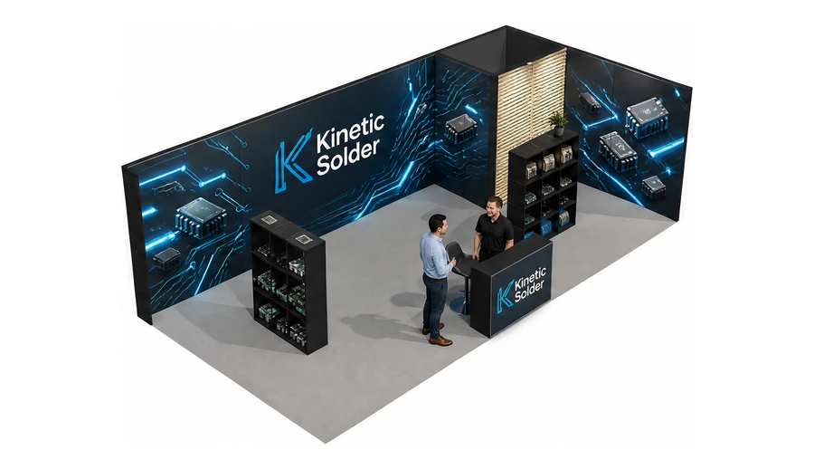 Stoisko 8 × 4 m narożne prawe dla branży komponenty elektroniczne, przykładowa marka Kinetic Solder