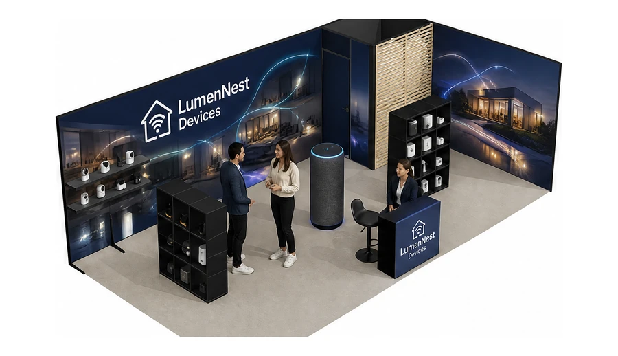 Stoisko 8 × 4 m narożne prawe dla branży smart home i IoT, przykładowa marka LumenNest Devices