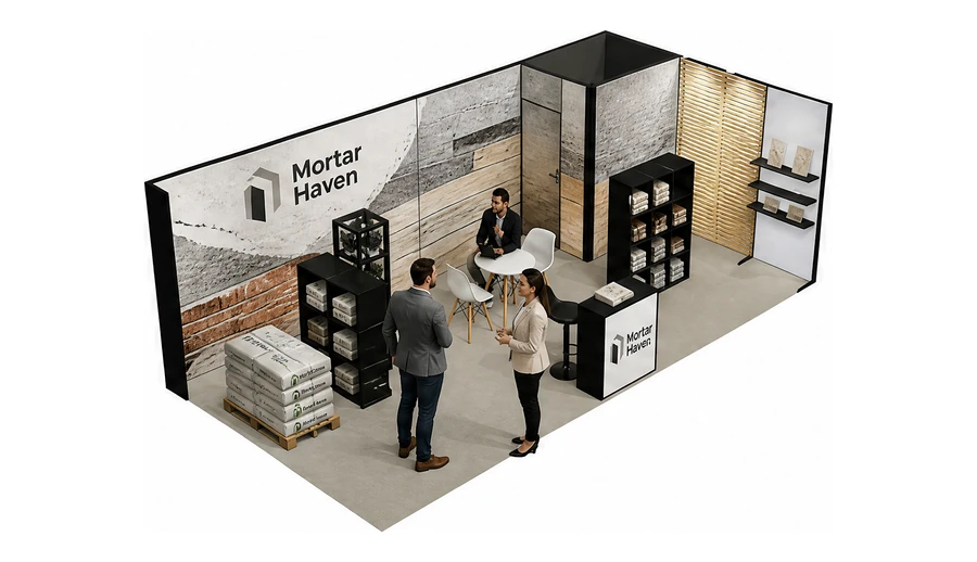 Stoisko 8 × 4 m narożne prawe dla branży materiały budowlane, przykładowa marka Mortar Haven