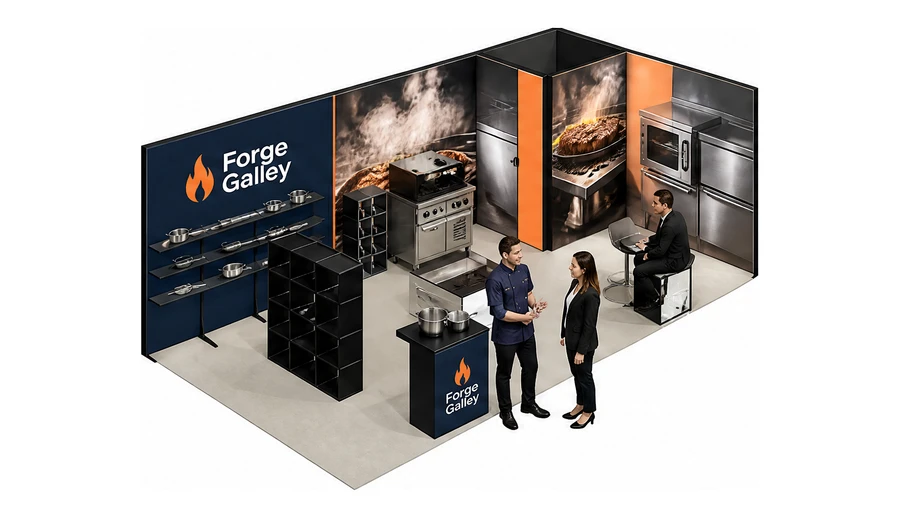Stoisko 8 × 4 m narożne prawe dla branży wyposażenie gastronomii, przykładowa marka Forge Galley