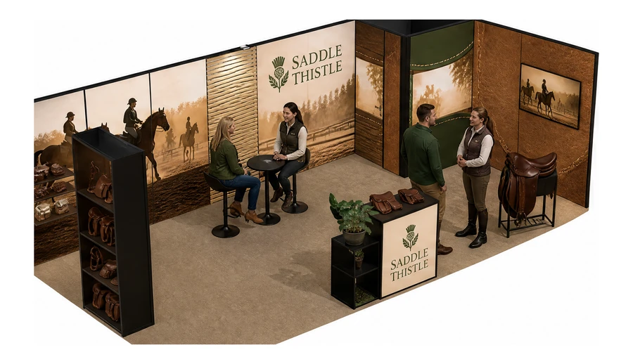 Stoisko 8 × 4 m narożne prawe dla branży jeździectwo, przykładowa marka Saddle Thistle