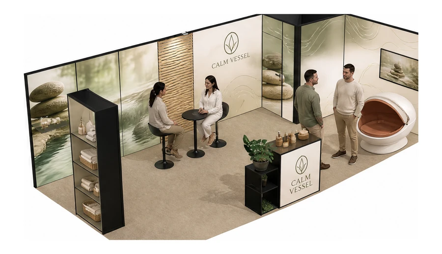 Stoisko 8 × 4 m narożne prawe dla branży spa i wellness, przykładowa marka Calm Vessel