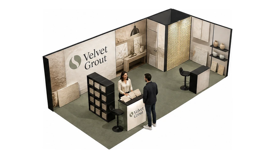 Stoisko 8 × 4 m narożne prawe dla branży wykończenie wnętrz, przykładowa marka Velvet Grout
