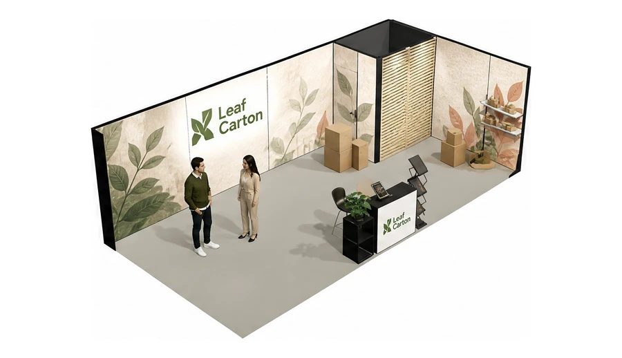 Stoisko 8 × 4 m narożne prawe dla branży opakowania ekologiczne, przykładowa marka Leaf Carton