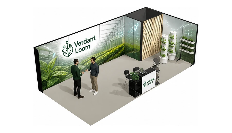 Stoisko 8 × 4 m narożne prawe dla branży sadownictwo i warzywnictwo, przykładowa marka Verdant Loom
