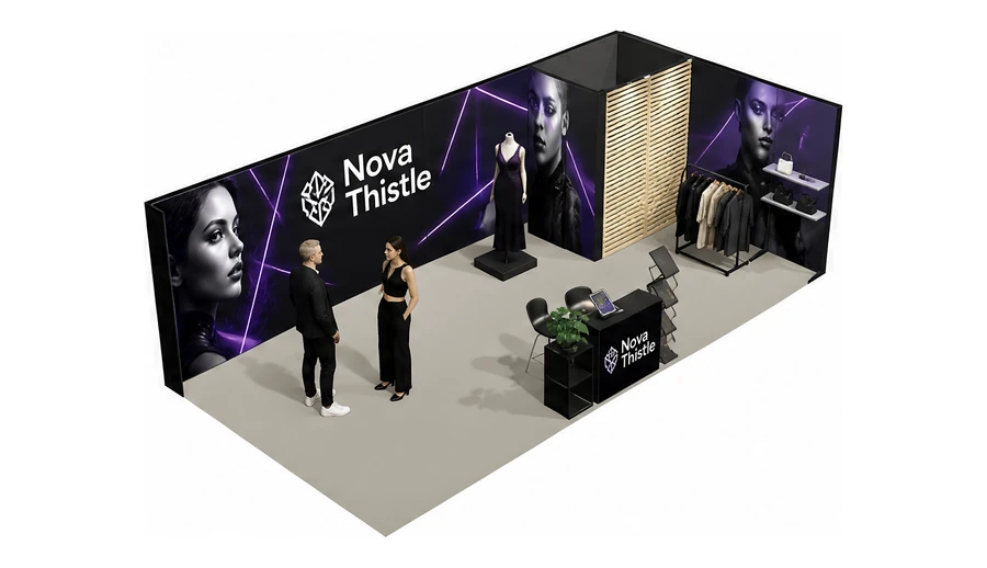 Stoisko 8 × 4 m narożne prawe dla branży odzież i moda, przykładowa marka Nova Thistle