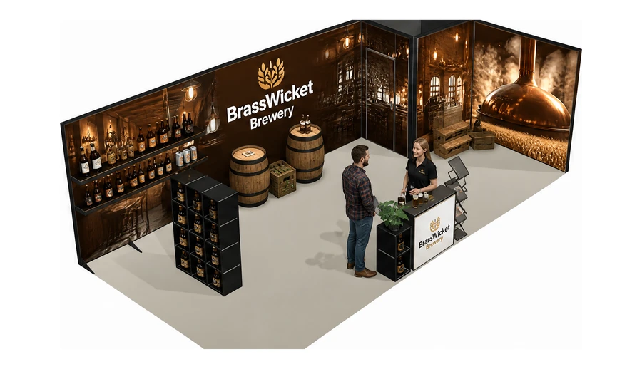Stoisko 8 × 4 m narożne prawe dla branży browar rzemieślniczy, przykładowa marka BrassWicket Brewery