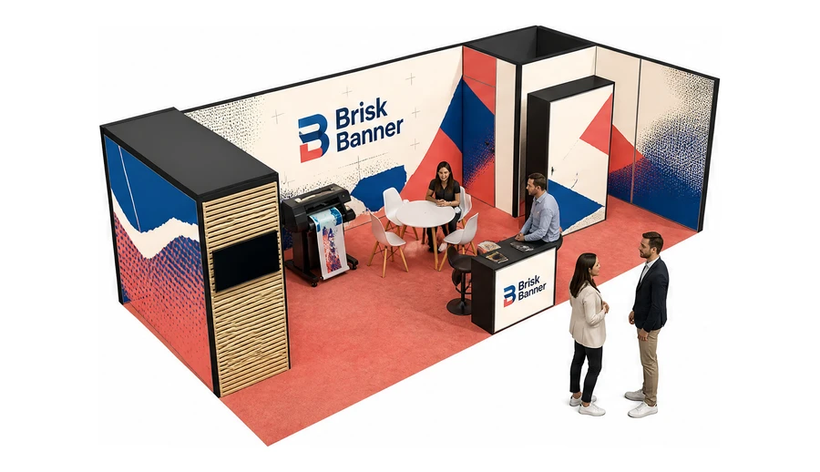 Stoisko 8 × 4 m narożne prawe dla branży reklama i druk, przykładowa marka Brisk Banner