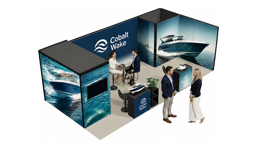 Stoisko 8 × 4 m narożne prawe dla branży jachty i łodzie, przykładowa marka Cobalt Wake