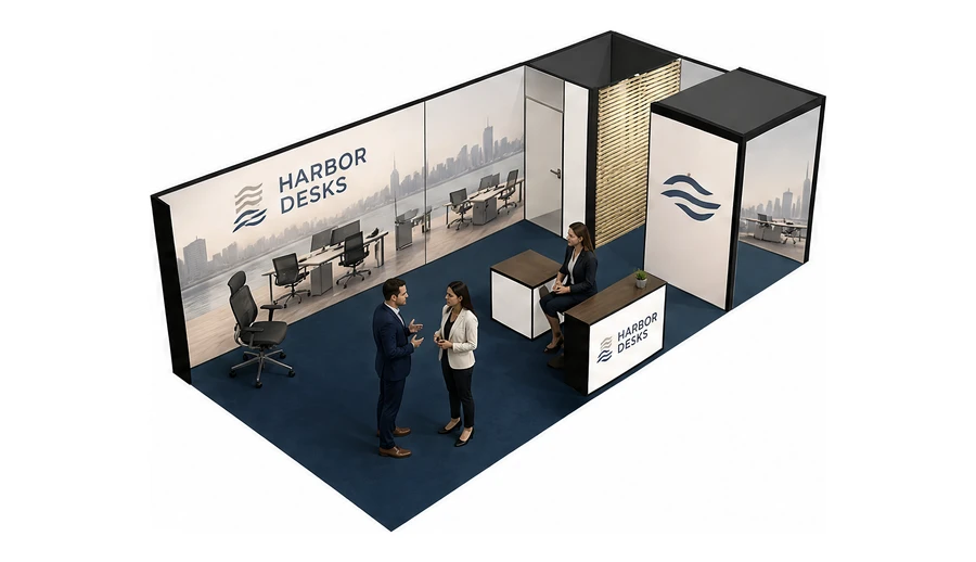 Stoisko 8 × 4 m narożne prawe dla branży meble biurowe, przykładowa marka Harbor Desks